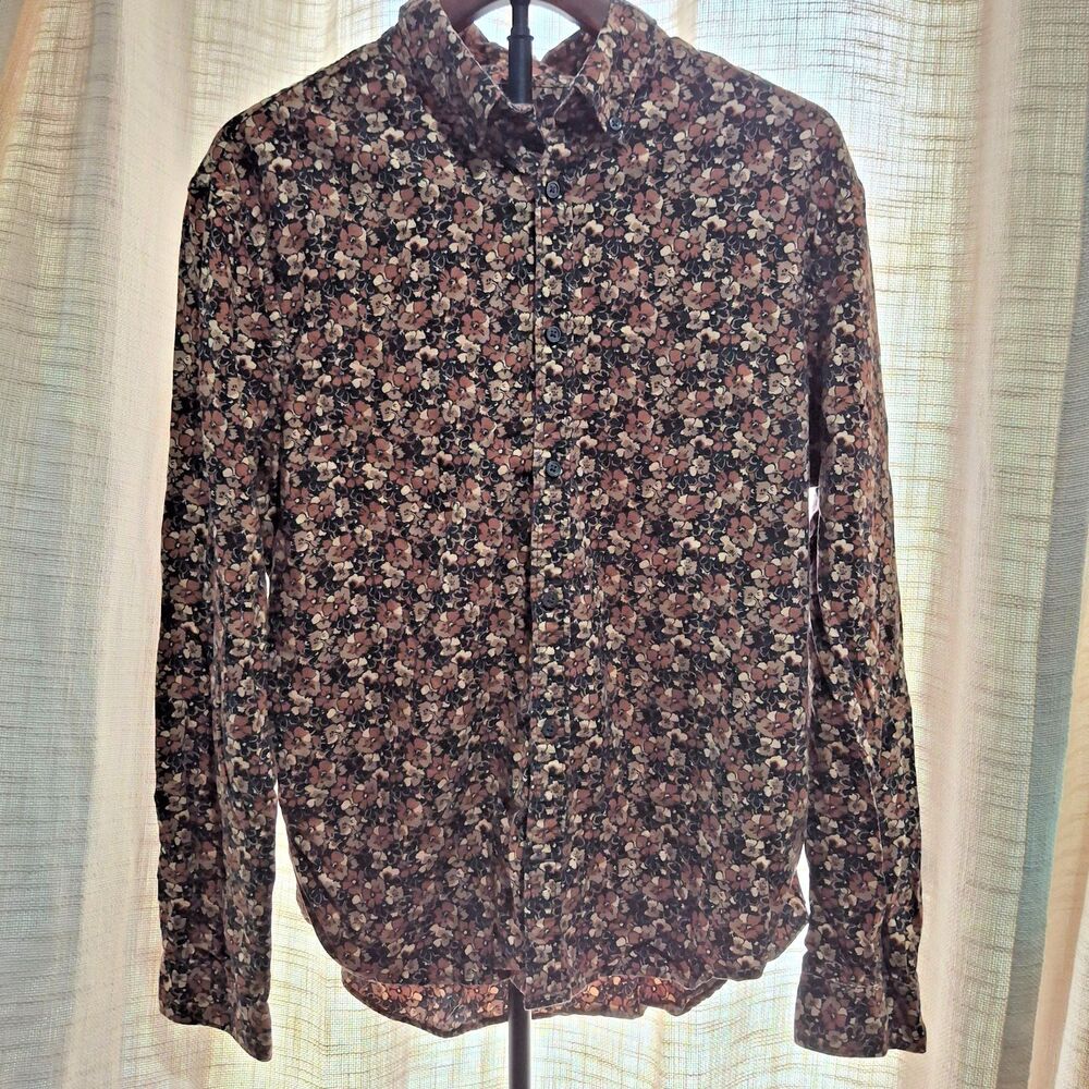 Express Men's Large L Casual Button Down Shirt Floral Earth Tone Brown Black
